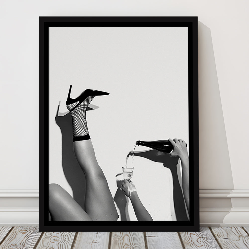 High Heel Woman Pouring Wine Print, Black and White, Bar & Pub Decor, Floating Framed Canvas Print