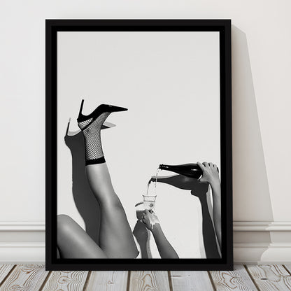 High Heel Woman Pouring Wine Print, Black and White, Bar & Pub Decor, Floating Framed Canvas Print