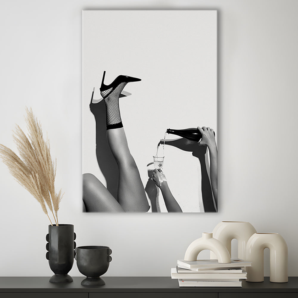High Heel Woman Pouring Wine Print, Black and White, Bar & Pub Decor, Canvas Print Wall Art