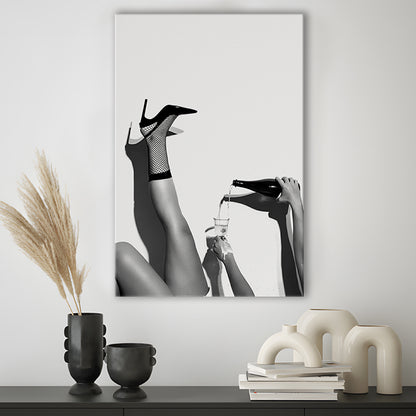 High Heel Woman Pouring Wine Print, Black and White, Bar & Pub Decor, Canvas Print Wall Art