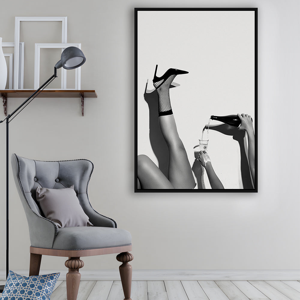 High Heel Woman Pouring Wine Print, Black and White, Bar & Pub Decor, Floating Framed Canvas Print