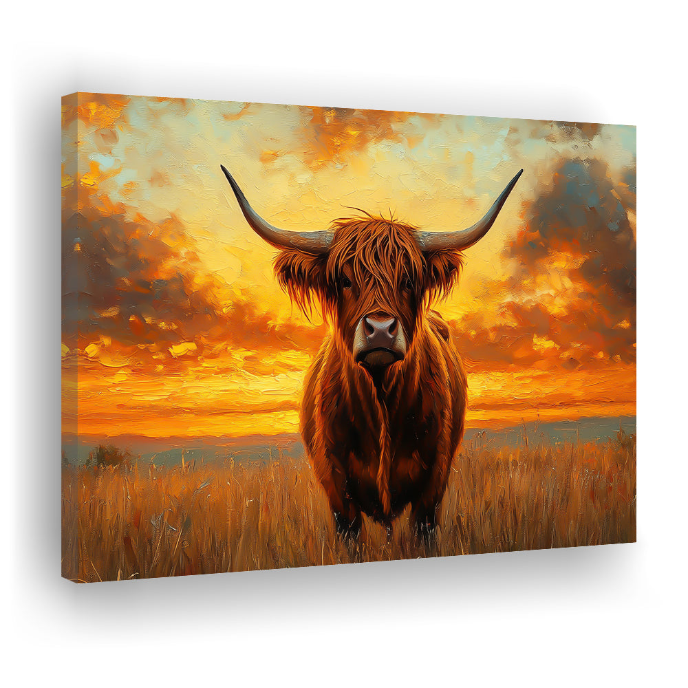 Highland Cow In the Sunset Field, Canvas Art Decor Print, Painting Art, Canvas Print Wall Art Home Decor