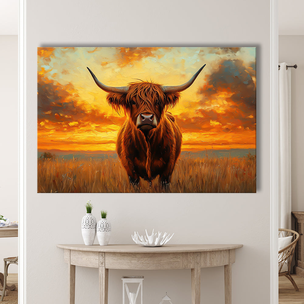 Highland Cow In the Sunset Field, Canvas Art Decor Print, Painting Art, Canvas Print Wall Art Home Decor