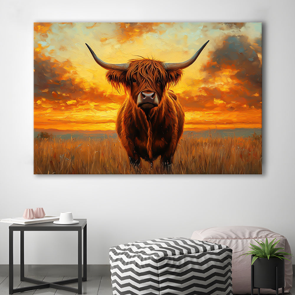 Highland Cow In the Sunset Field, Canvas Art Decor Print, Painting Art, Canvas Print Wall Art Home Decor