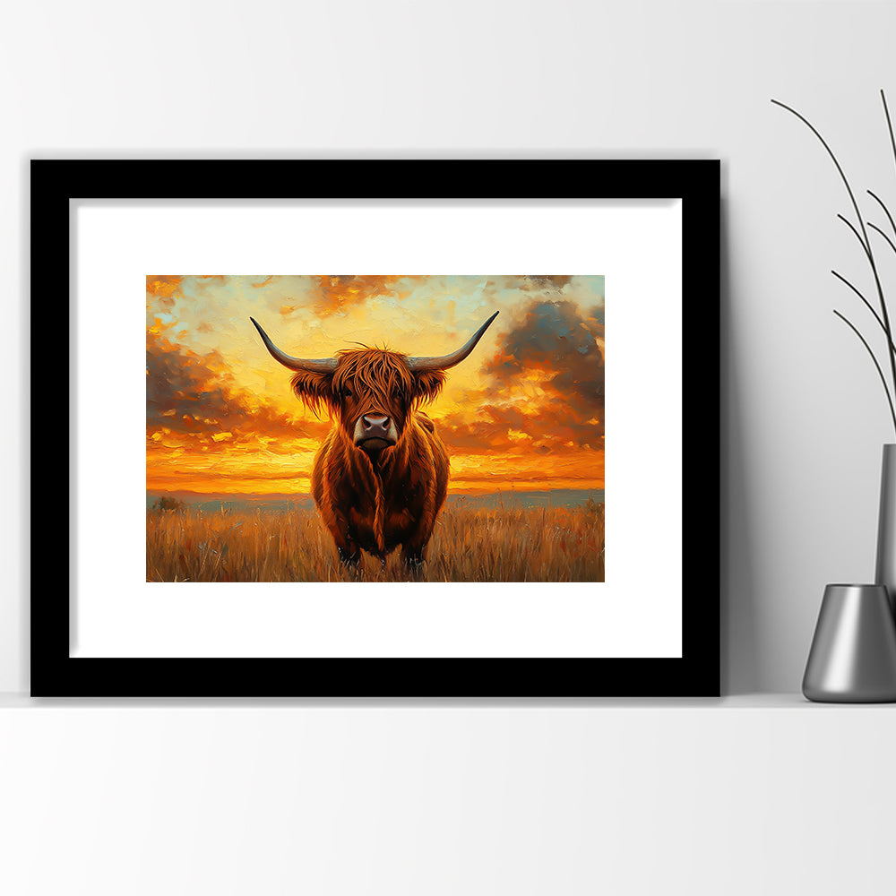 Highland Cow In the Sunset Field, Framed  Print, Painting Art, Framed Art Print White Border Wall Decor