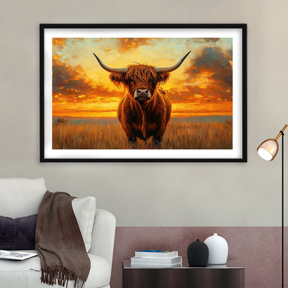 Highland Cow In the Sunset Field, Framed  Print, Painting Art, Framed Art Print White Border Wall Decor