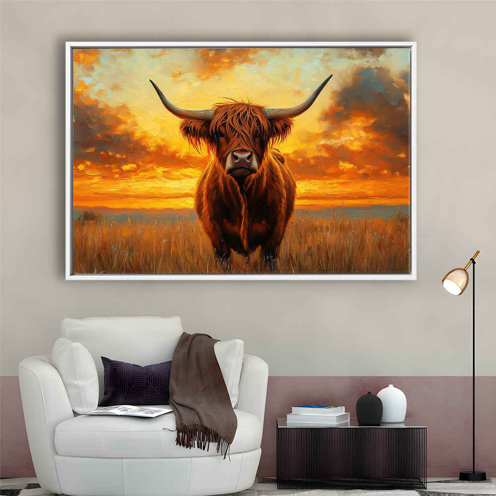 Highland Cow In the Sunset Field, Framed Canvas Print, Painting Art, Floating Framed Canvas Print Wall Art