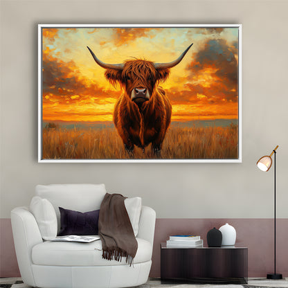 Highland Cow In the Sunset Field, Framed Canvas Print, Painting Art, Floating Framed Canvas Print Wall Art