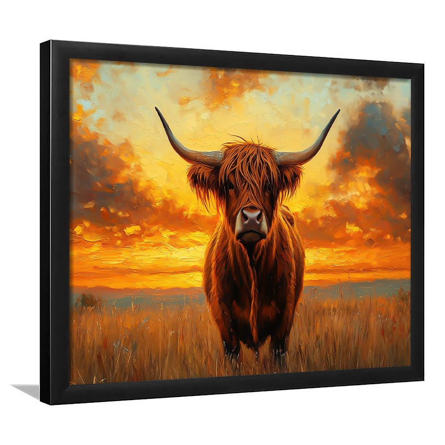 Highland Cow In the Sunset Field, Framed  Print, Painting Art, Framed Art Print Wall Decor, Framed Picture