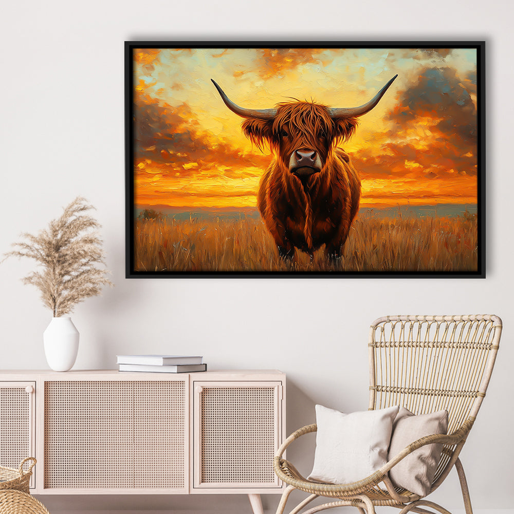 Highland Cow In the Sunset Field, Framed Canvas Print, Painting Art, Floating Framed Canvas Print Wall Art