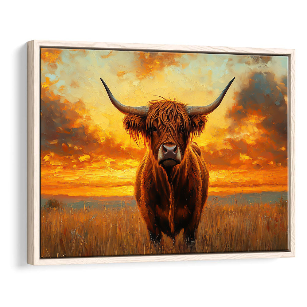 Highland Cow In the Sunset Field, Framed Canvas Print, Painting Art, Floating Framed Canvas Print Wall Art