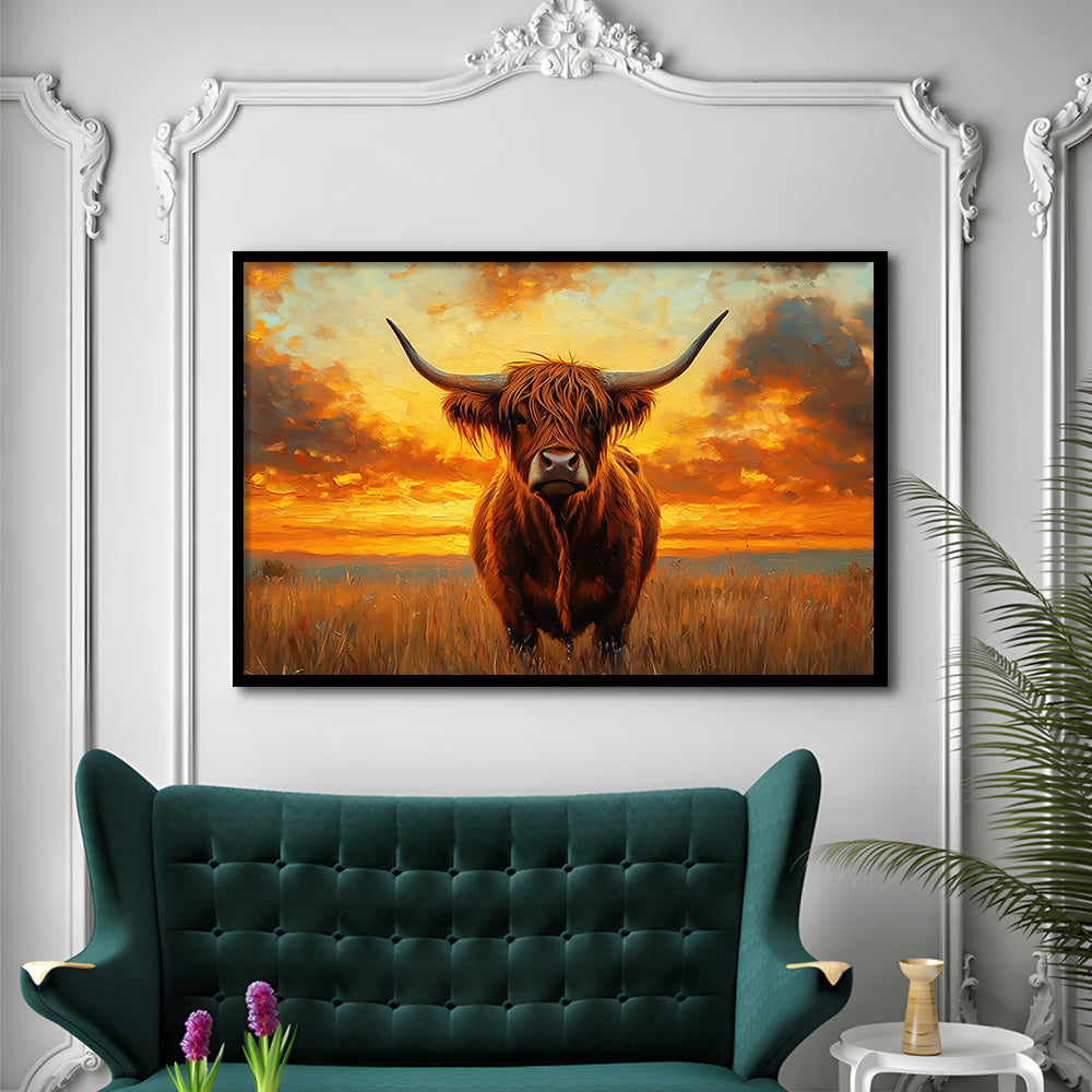 Highland Cow In the Sunset Field, Framed  Print, Painting Art, Framed Art Print Wall Decor, Framed Picture