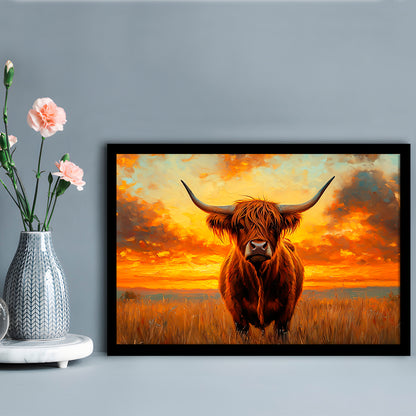 Highland Cow In the Sunset Field, Framed  Print, Painting Art, Framed Art Print Wall Decor, Framed Picture