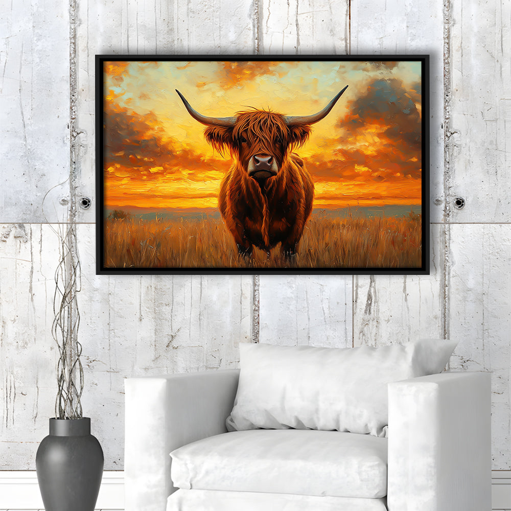 Highland Cow In the Sunset Field, Framed Canvas Print, Painting Art, Floating Framed Canvas Print Wall Art