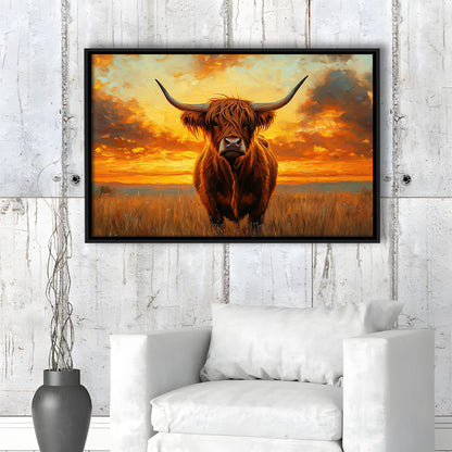 Highland Cow In the Sunset Field, Framed Canvas Print, Painting Art, Floating Framed Canvas Print Wall Art