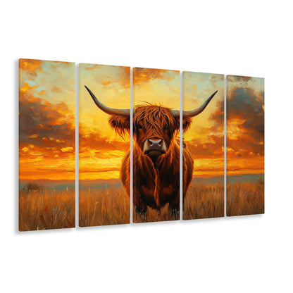 Highland Cow In the Sunset Field, Canvas Art Print, Painting Art, Multi Panels Canvas Print Wall Art