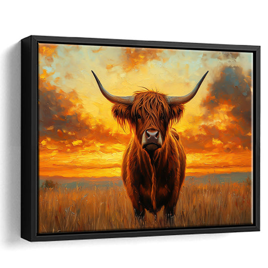 Highland Cow In the Sunset Field, Framed Canvas Print, Painting Art, Floating Framed Canvas Print Wall Art