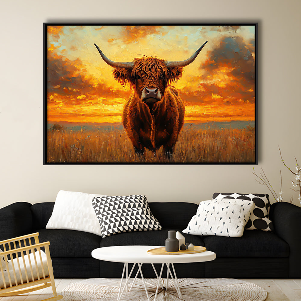 Highland Cow In the Sunset Field, Framed Canvas Print, Painting Art, Floating Framed Canvas Print Wall Art