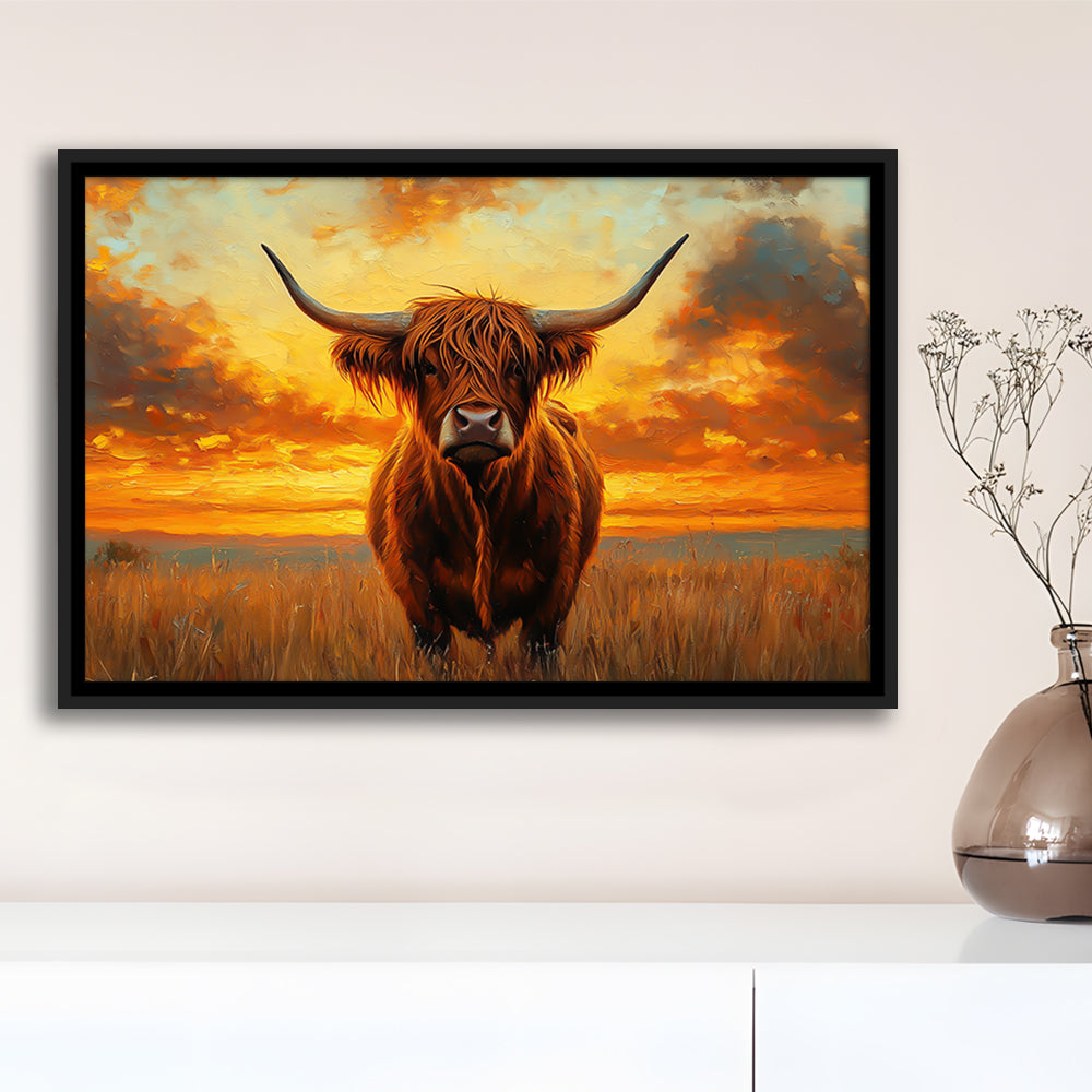 Highland Cow In the Sunset Field, Framed Canvas Print, Painting Art, Floating Framed Canvas Print Wall Art