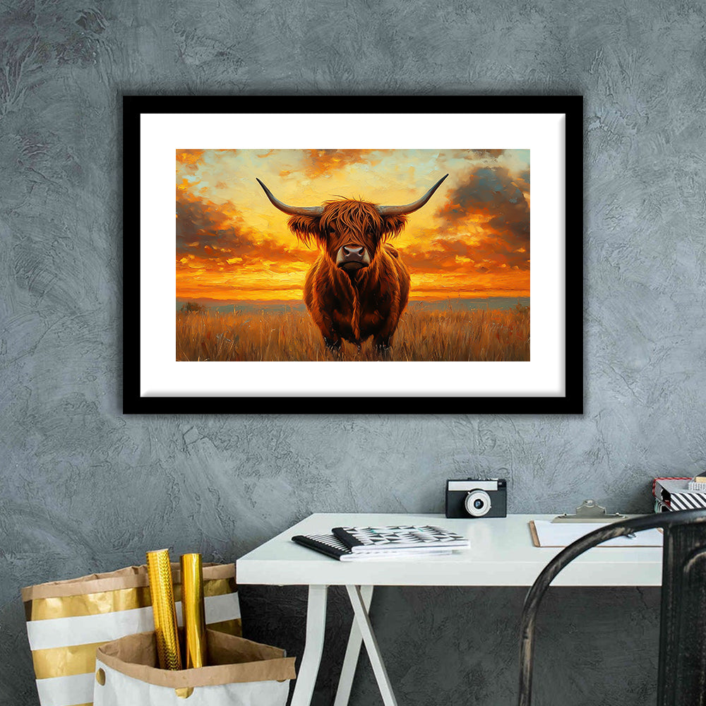 Highland Cow In the Sunset Field, Framed  Print, Painting Art, Framed Art Print White Border Wall Decor