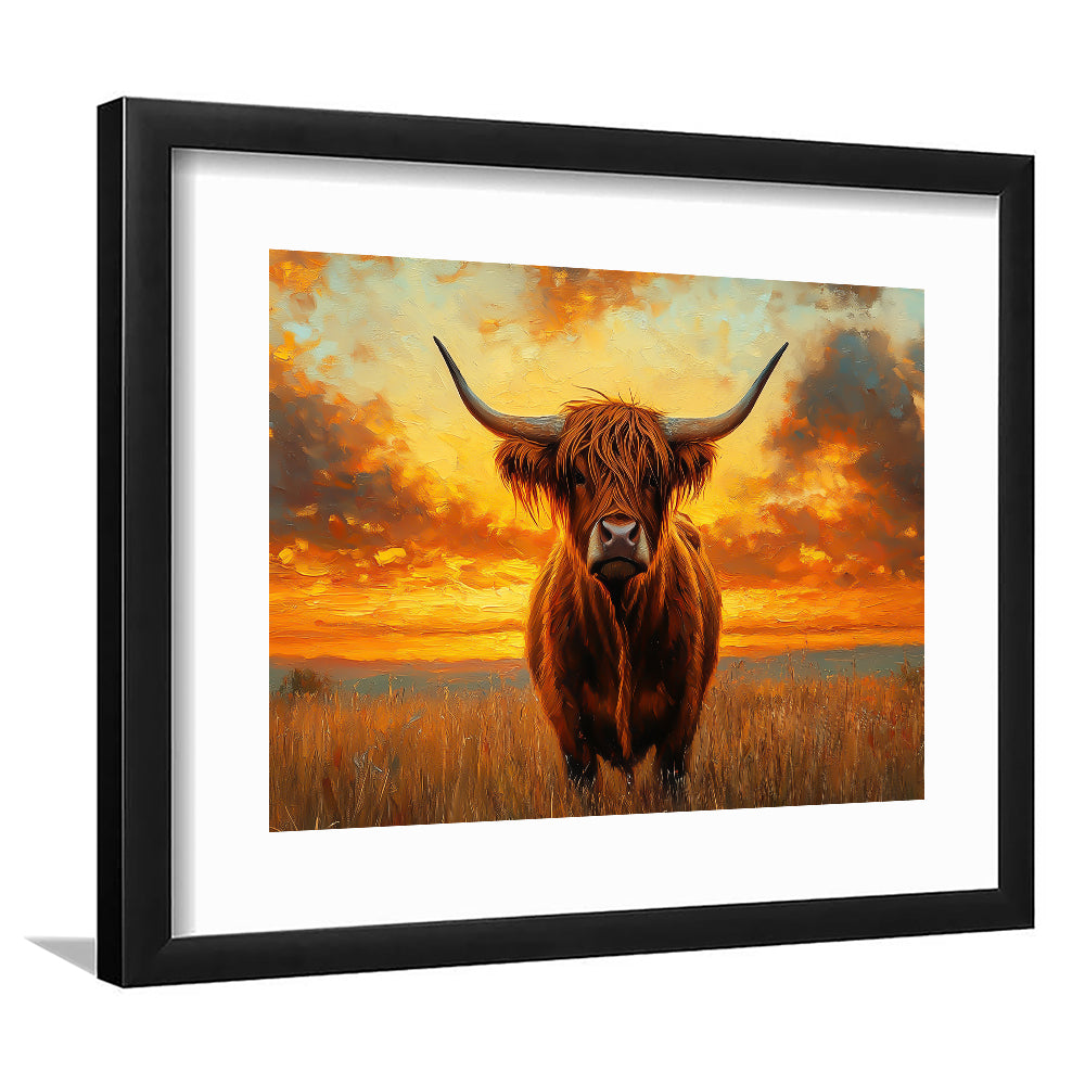 Highland Cow In the Sunset Field, Framed  Print, Painting Art, Framed Art Print White Border Wall Decor