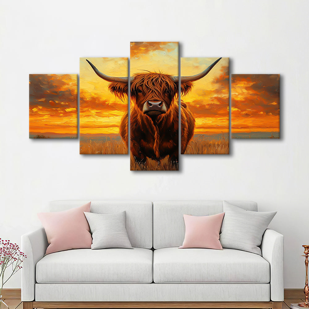 Highland Cow In the Sunset Field, Canvas Art Decor Print, Painting Art, Mixed Panels Canvas Print Wall Art