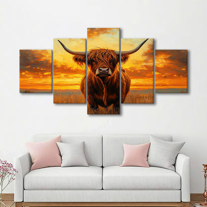 Highland Cow In the Sunset Field, Canvas Art Decor Print, Painting Art, Mixed Panels Canvas Print Wall Art