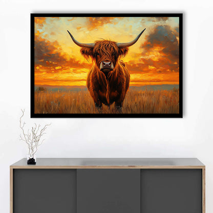 Highland Cow In the Sunset Field, Framed  Print, Painting Art, Framed Art Print Wall Decor, Framed Picture