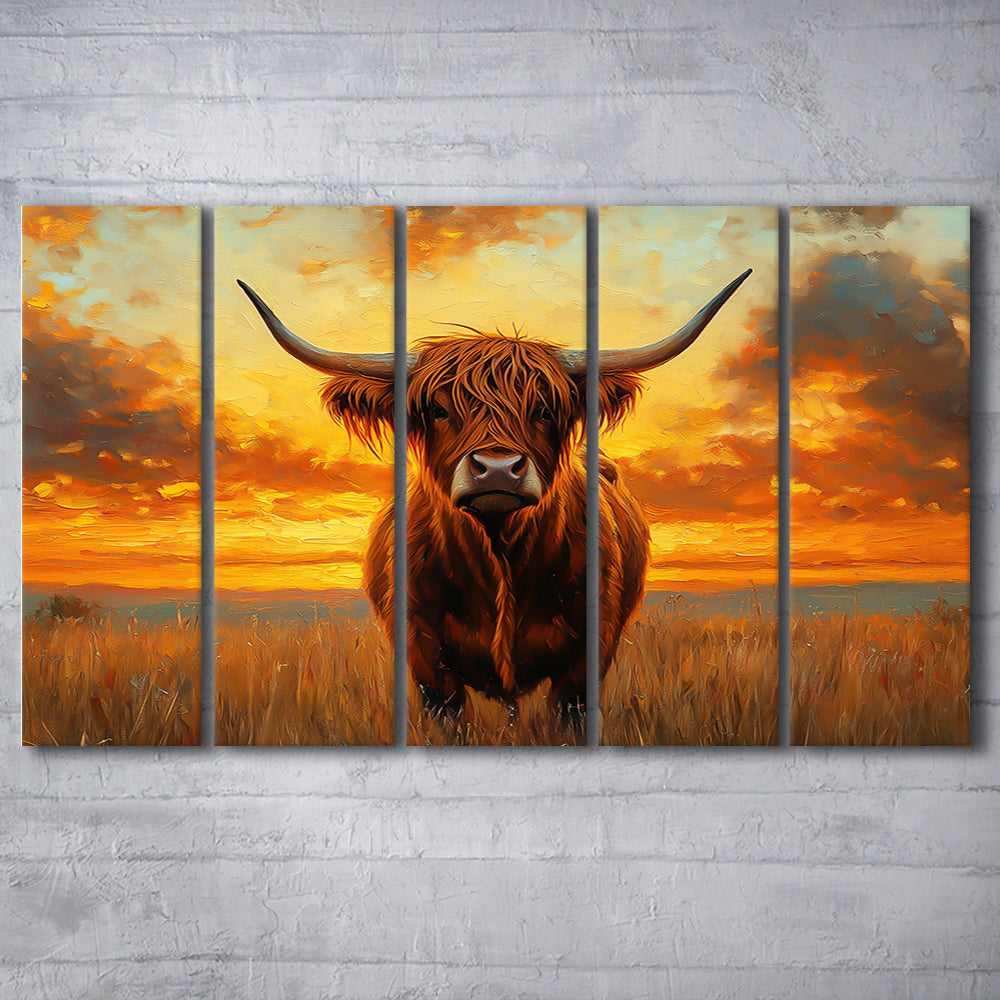 Highland Cow In the Sunset Field, Canvas Art Print, Painting Art, Multi Panels Canvas Print Wall Art