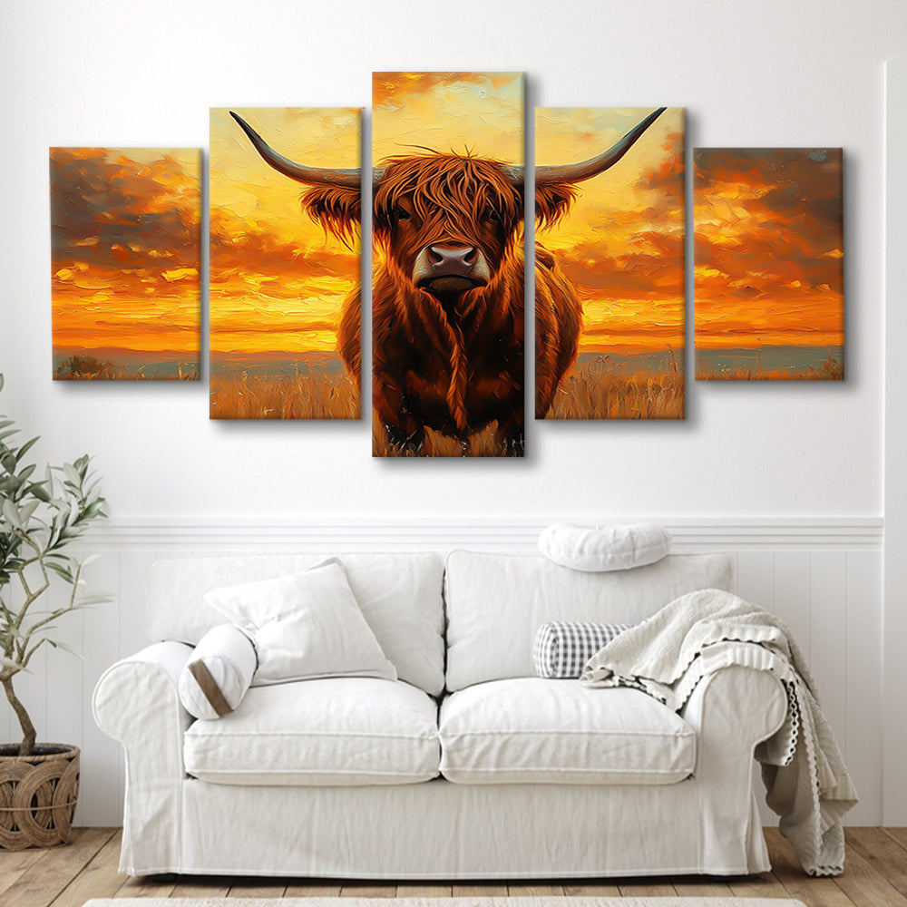 Highland Cow In the Sunset Field, Canvas Art Decor Print, Painting Art, Mixed Panels Canvas Print Wall Art