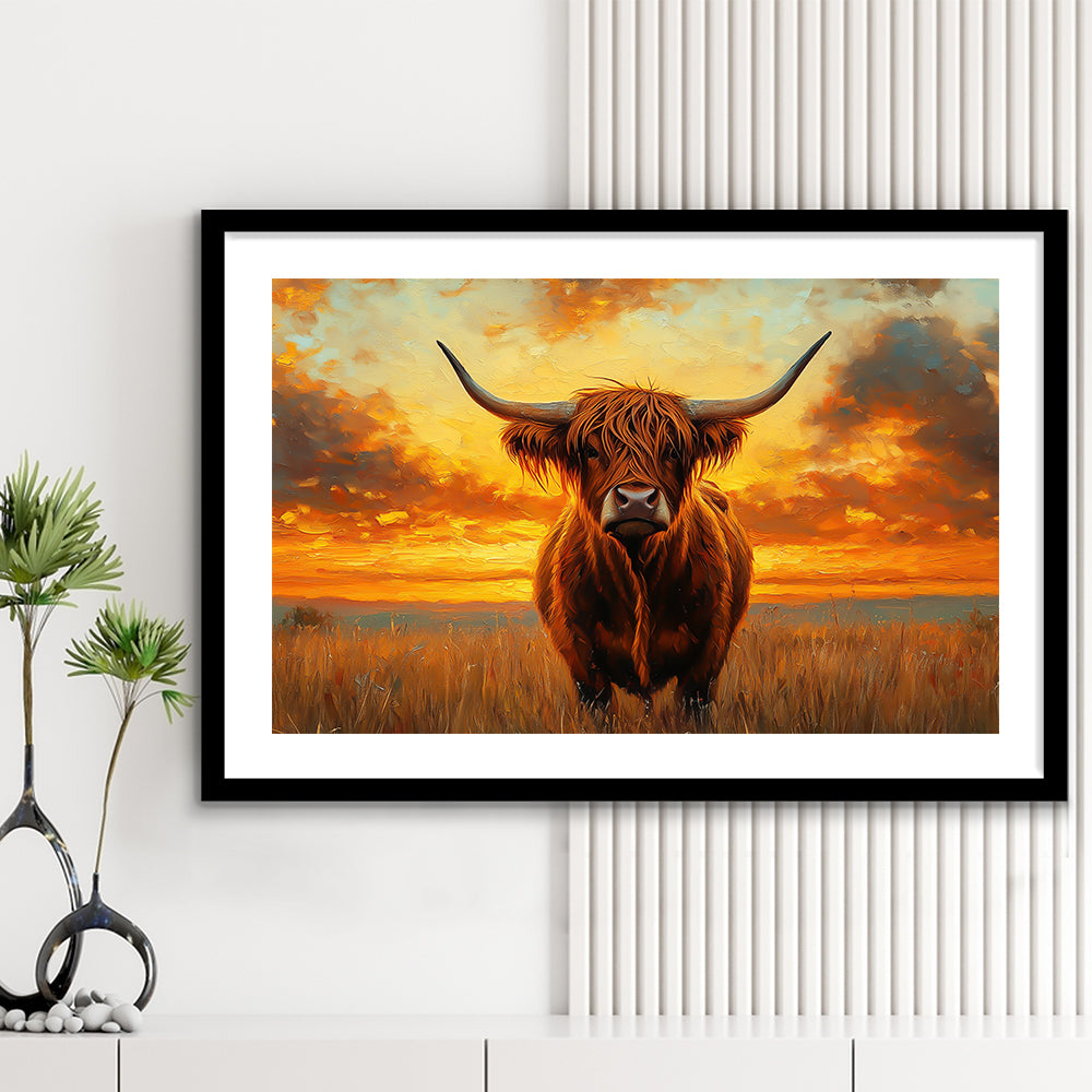 Highland Cow In the Sunset Field, Framed  Print, Painting Art, Framed Art Print White Border Wall Decor