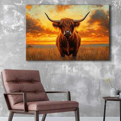 Highland Cow In the Sunset Field, Canvas Art Decor Print, Painting Art, Canvas Print Wall Art Home Decor