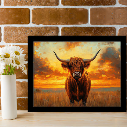 Highland Cow In the Sunset Field, Framed  Print, Painting Art, Framed Art Print Wall Decor, Framed Picture