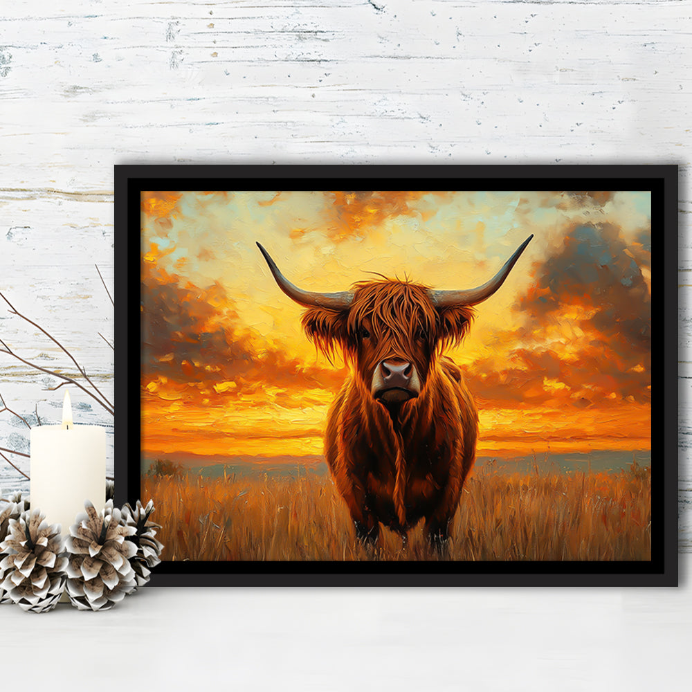 Highland Cow In the Sunset Field, Framed Canvas Print, Painting Art, Floating Framed Canvas Print Wall Art