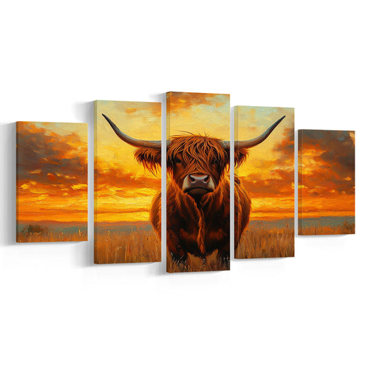 Highland Cow In the Sunset Field, Canvas Art Decor Print, Painting Art, Mixed Panels Canvas Print Wall Art