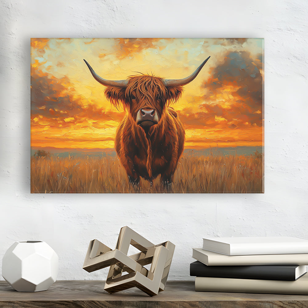 Highland Cow In the Sunset Field, Canvas Art Decor Print, Painting Art, Canvas Print Wall Art Home Decor