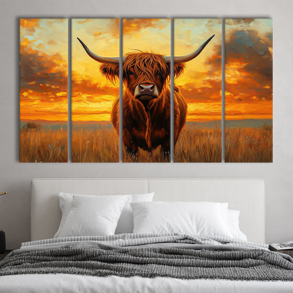 Highland Cow In the Sunset Field, Canvas Art Print, Painting Art, Multi Panels Canvas Print Wall Art