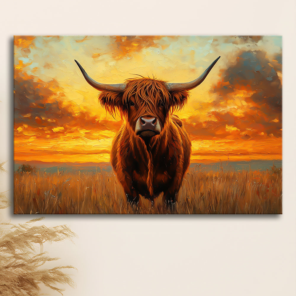 Highland Cow In the Sunset Field, Canvas Art Decor Print, Painting Art, Canvas Print Wall Art Home Decor