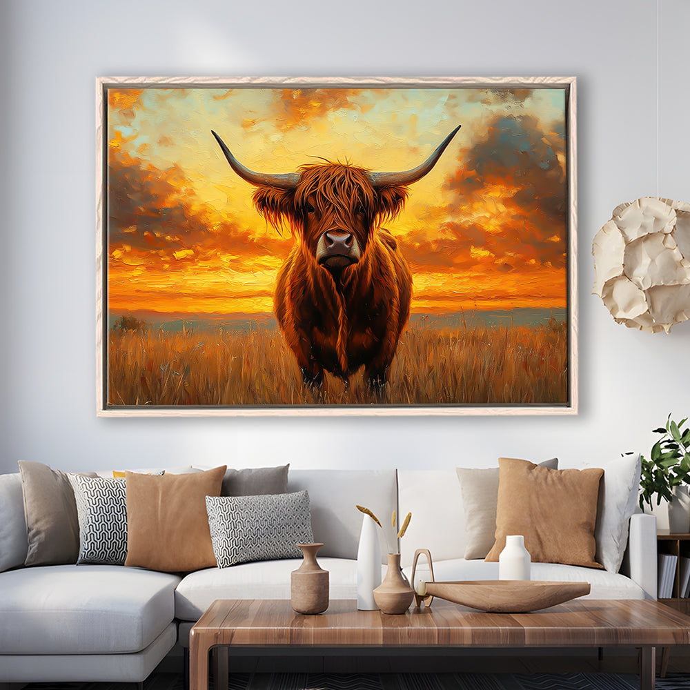 Highland Cow In the Sunset Field, Framed Canvas Print, Painting Art, Floating Framed Canvas Print Wall Art