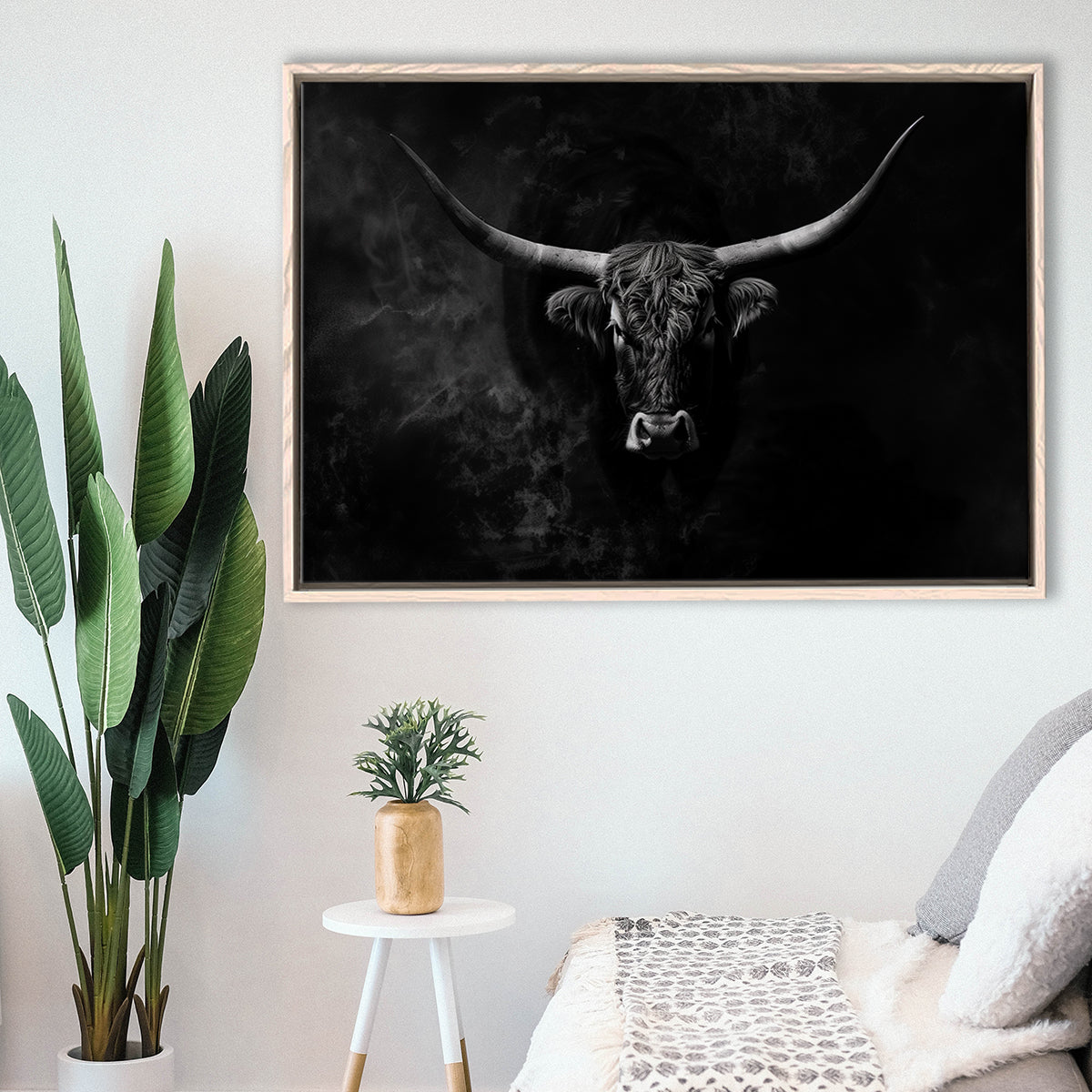 Highland Cow Long Horn Black And White V11, Framed Canvas Painting, Framed Canvas Prints Wall Art Decor