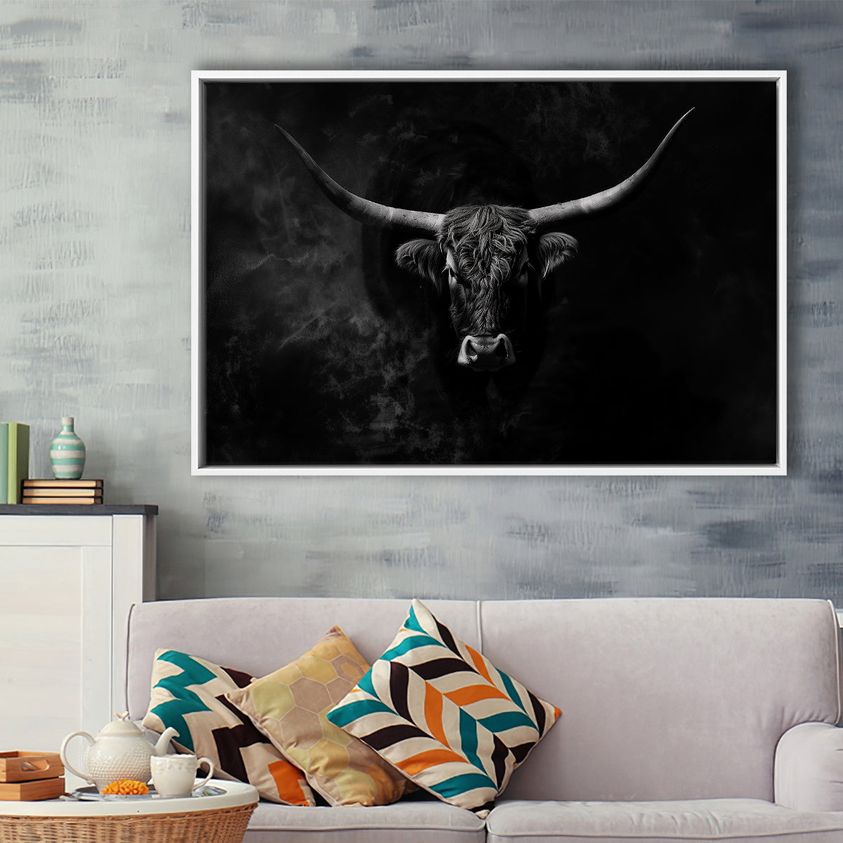 Highland Cow Long Horn Black And White V11, Framed Canvas Painting, Framed Canvas Prints Wall Art Decor