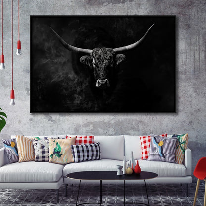 Highland Cow Long Horn Black And White V11, Framed Canvas Painting, Framed Canvas Prints Wall Art Decor