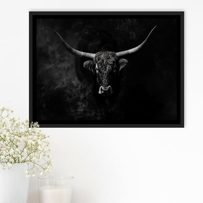 Highland Cow Long Horn Black And White V11, Framed Canvas Painting, Framed Canvas Prints Wall Art Decor