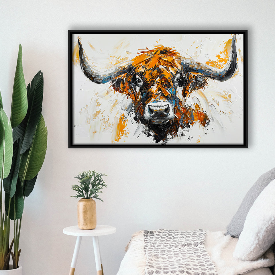 Highland Cow Longhorn Portrait Oil Painting V3, Framed Canvas Painting, Framed Canvas Prints Wall Art Decor