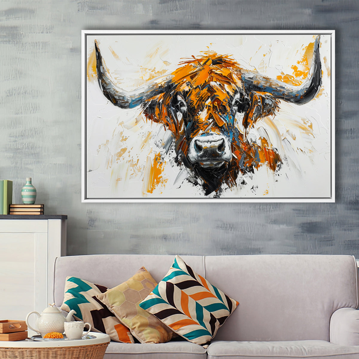 Highland Cow Longhorn Portrait Oil Painting V3, Framed Canvas Painting, Framed Canvas Prints Wall Art Decor