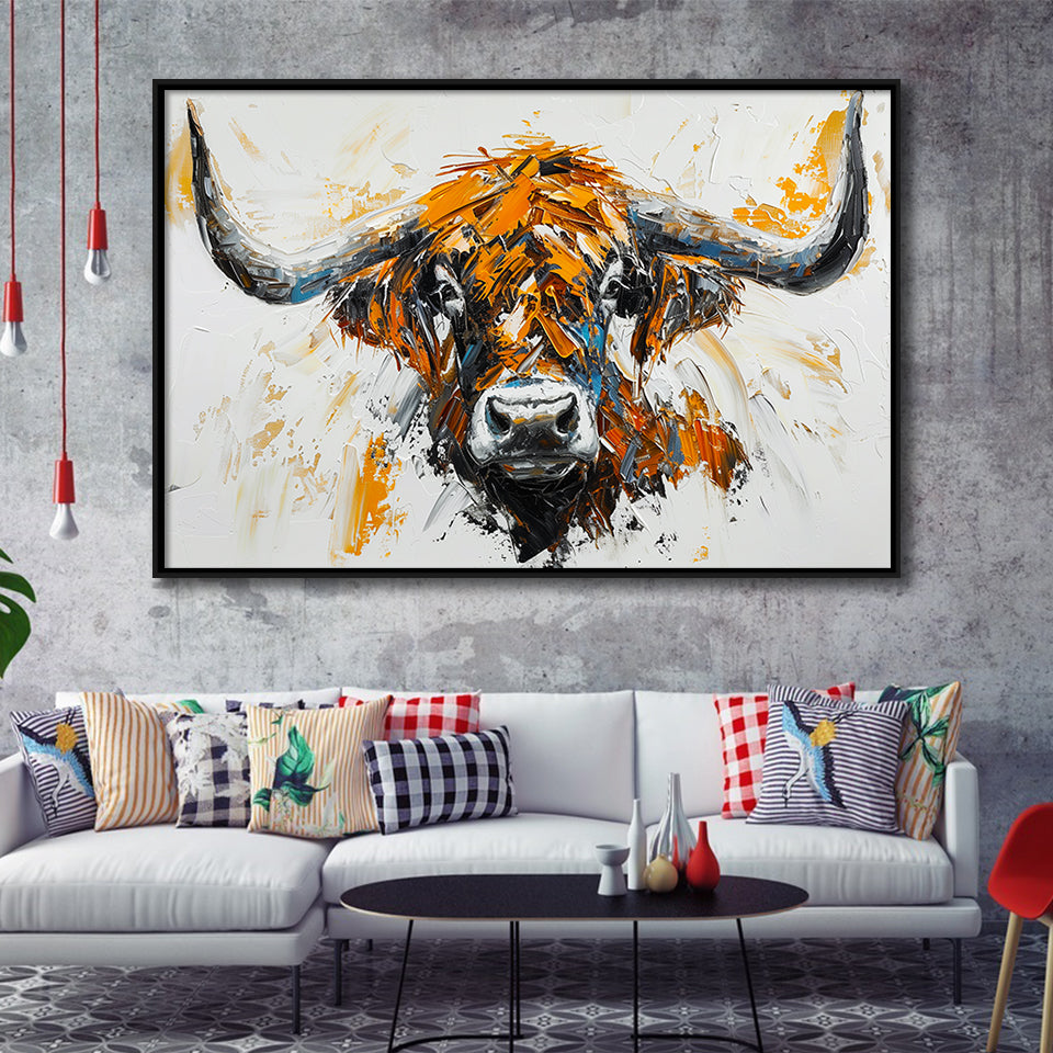Highland Cow Longhorn Portrait Oil Painting V3, Framed Canvas Painting, Framed Canvas Prints Wall Art Decor