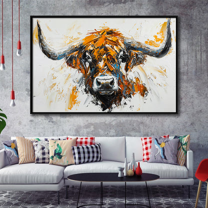 Highland Cow Longhorn Portrait Oil Painting V3, Framed Canvas Painting, Framed Canvas Prints Wall Art Decor