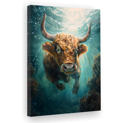Highland Cow Underwater Watercolor Funny Art, Canvas Art Print Decor, Painting Art, Canvas Prints Wall Art
