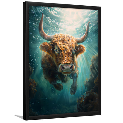 Highland Cow Underwater Watercolor Funny Art, Framed Picture Print,, Framed Art Prints Wall Decor