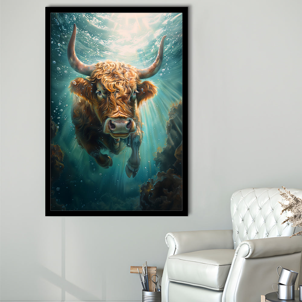 Highland Cow Underwater Watercolor Funny Art, Framed Picture Print,, Framed Art Prints Wall Decor